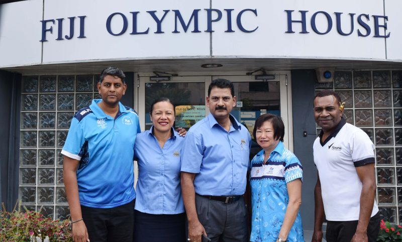 From-left-during-the-handover-are-FASANOC-sponsorship-and-marketing-manager-Ritesh-Ram-Motibhai-Groups-Jean-Whippy-and-Abraham-Gomes-with-FASANOC-CEO-Lorraine-Mar-and-staff-Atikini-Takali.jpg